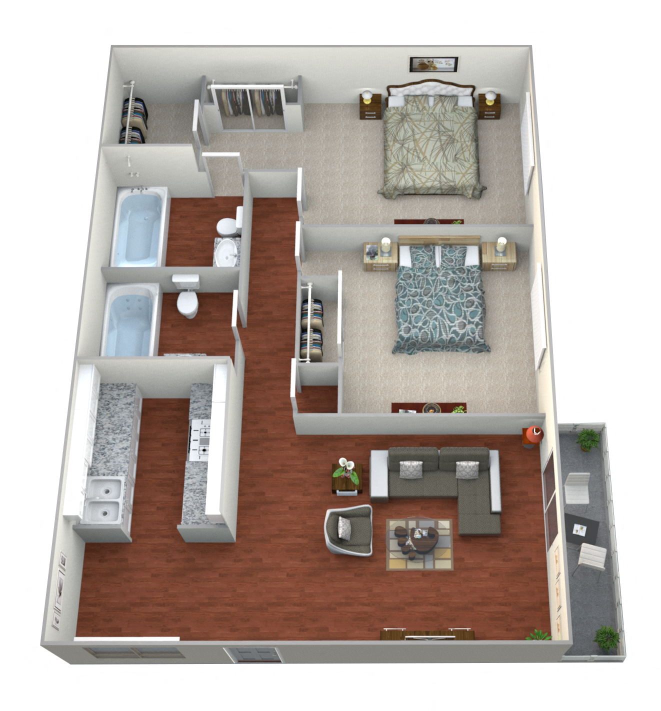 Floor plan for 2 beds, 2 baths, 975 sqft
